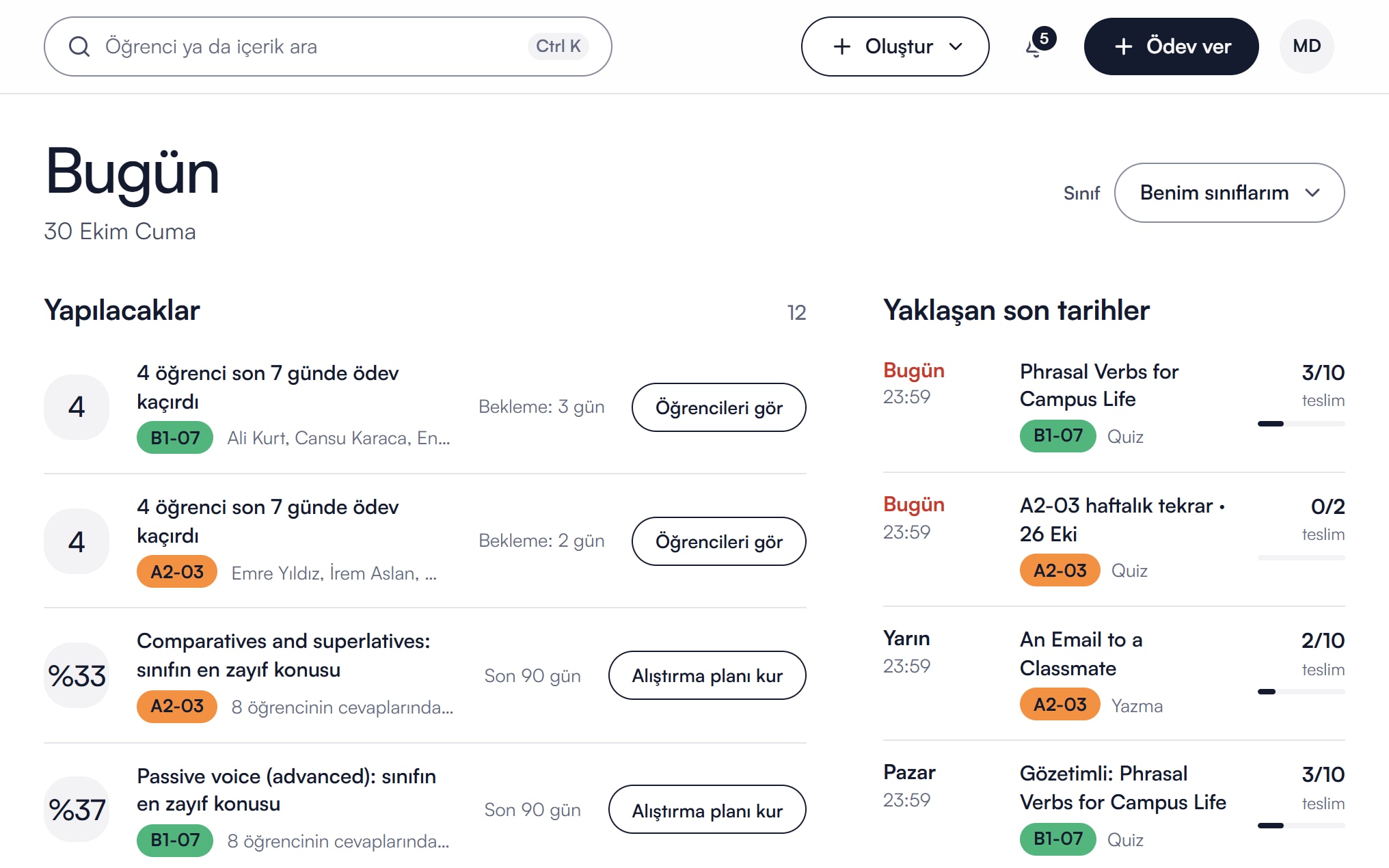 Öğretmenin Bugün ekranı: solda yapılacaklar kuyruğu, sağda yaklaşan son tarihler.