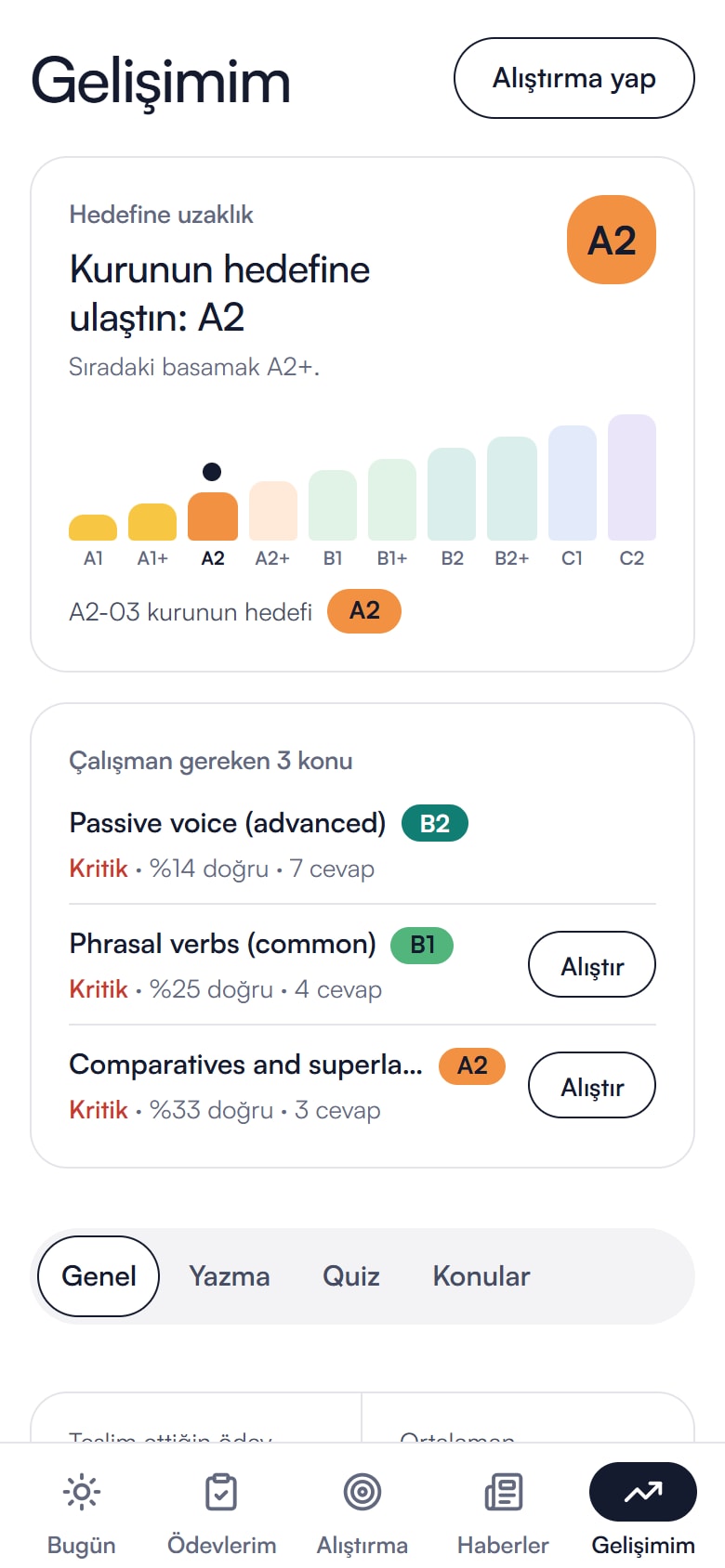 Öğrencinin telefondaki Gelişimim ekranı: kurumun hedefine uzaklık ve çalışması gereken konular.