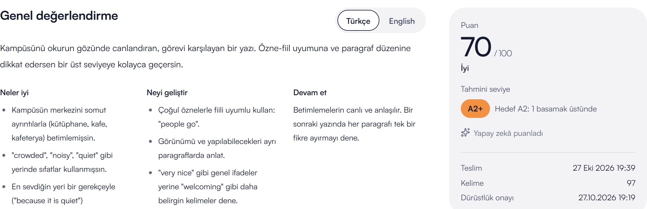 Yazma teslimi: genel değerlendirme, Neler iyi, Neyi geliştir ve Devam et başlıklı geri bildirim, 100 üzerinden puan ve tahmini seviye.